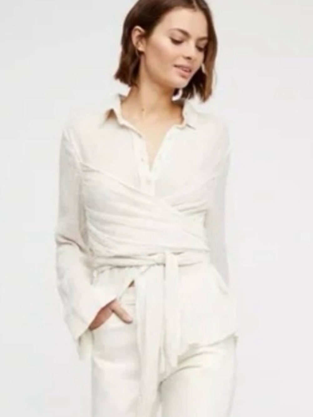 Free People Cream Wrap-Front Button Blouse